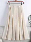 Office Lady Elegant Pleated Skirt Elastic High Waist Solid Casual A Line Midi Skirt