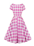 Drawstring Sweetheart Neck Pink Plaid Print Vintage Dresses Women 2024 Summer Vacation Prom Birthday Party A-Line Dress