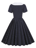 Knot Neck Navy Blue Vintage Polka Dot Pleated Long Women 95% Cotton Retro Swing Robe Dress