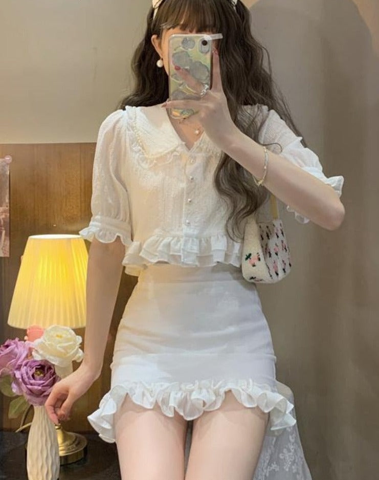 2pcs/set Summer Chiffon Pearls Sweet Korean Lace Ruffle Flounce Kawaii Mini Skirt Set Slim Fit Party Suit