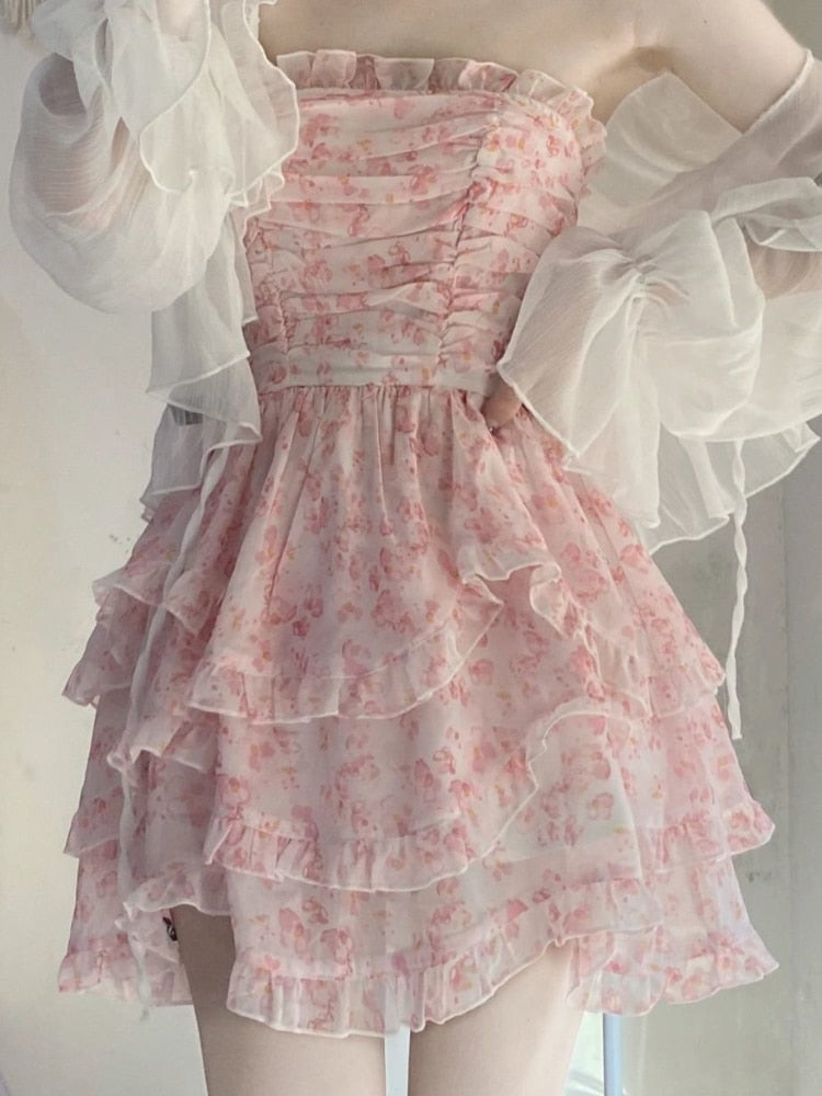 Summer Lace Floral Fairy Korean Strap Sexy Party Mini Designer Ruffle Flounce Sweet Dress