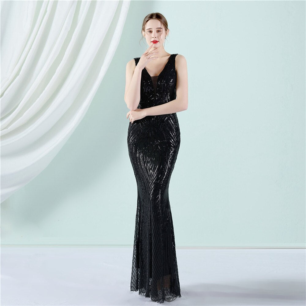 New Elegant Double V-neck Sleeveless Burgundy Evening Dress Sexy Mermaid Sequin Women Floor length Party Dress