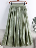 Fashion Shiny Crease Effect Vintage Elegant Women Elastic High Waist A Line Midi Skirt