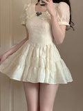 All-match 90's Harajuku Bubble Sleeve Sweet Kawaii Women Bow Lace French Vintage High Waist Mini Dress