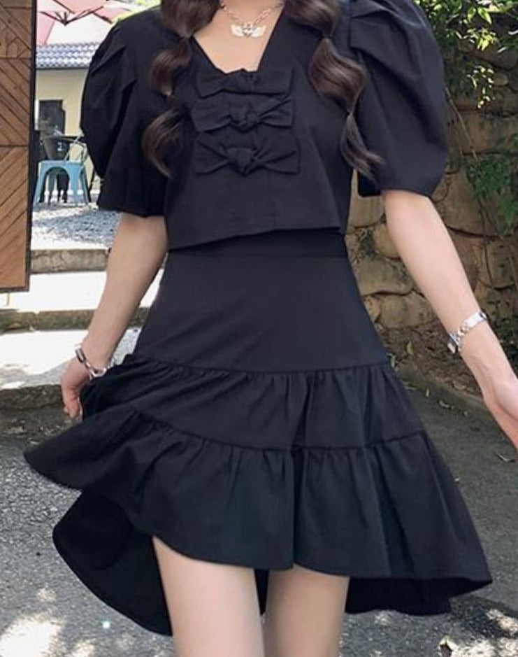 2pcs/set Summer Pleat Bow Sweet Women Korean Puff Sleeve Kawaii Mini Skirt Set Slim Party Suit