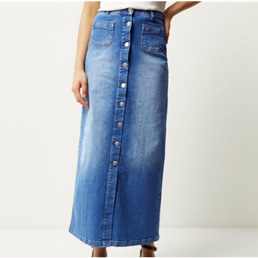 Summer Blue Long Casual Split Bottoms Single-Breasted Buttons Jean Skirt