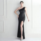 Sexy Slit Feater Evening Dress Women Slash Neck Sequin Party Maxi Dress Long Prom Dress