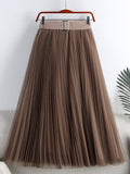 Elegant Long Women Tulle Pleated Skirt With Belt High Waist Solid Mesh Midi Skirt