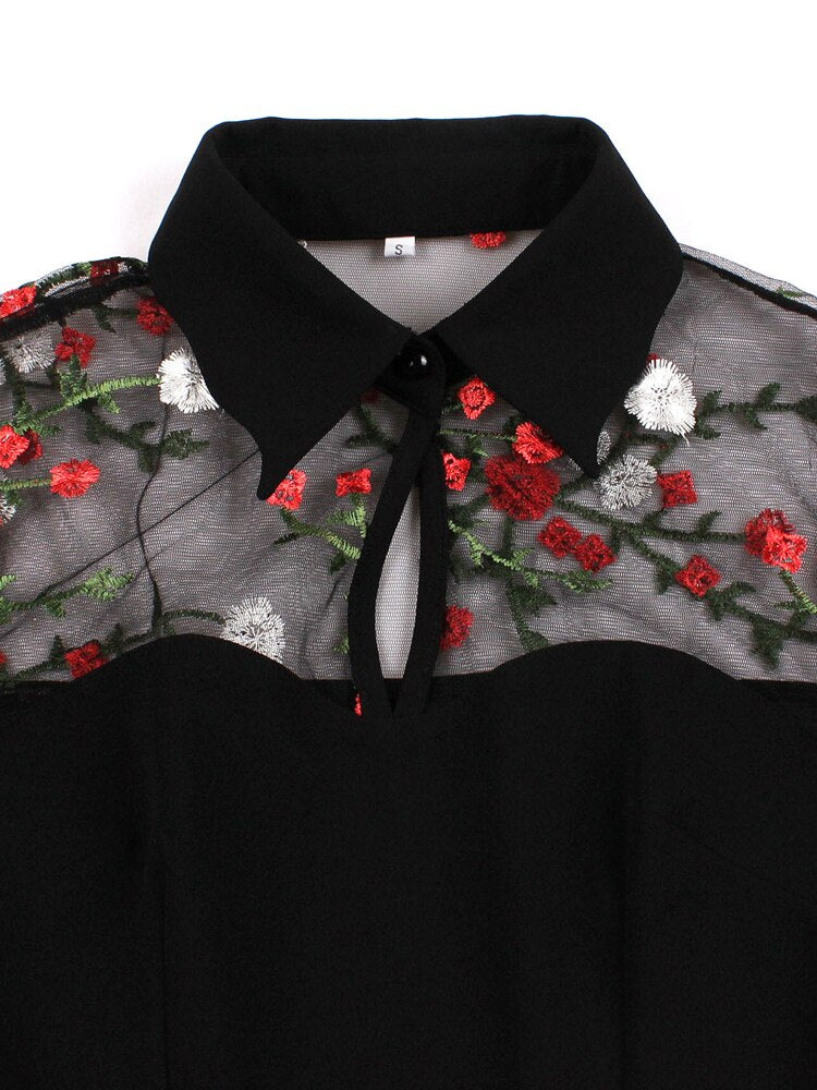 Floral Embroidered Mesh Long Sleeve Elegant Party Vintage Women Turn-Down Collar Keyhole Black A-Line Mini Dresses