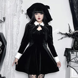 Black Velvet Short Women Goth Vintage Turn Down Collar Button Long Sleeve Jackets Autumn Streetwear Dress