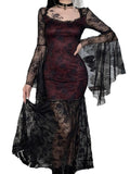 Dark Gothic Aesthetic Vintage Bodycin Dresses Women&#39;s Lace Patchwork Grunge Black Dress Flare Sleeve See Through Sexy Partywear