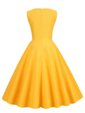 Yellow Solid Button Front Hollow Out Evening Elegant Party Women Sleeveless Pinup Vintage Pocket Dress