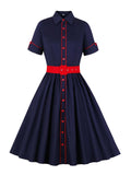 Turn-Down Collar Button Up Rockabilly Vintage 50s Cotton Shirt Dress Short Sleeve Women Red Belt Elegant Pleated Dresses