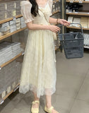 Summer Casual Lace Sweet Princess French Puff Sleeve Temperament Midi Vintage Chic Prom Dress