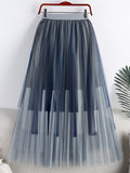 Contrast Color Striped Mesh Pleated Skirt Women Elastic High Waist Casual Tulle Midi Skirt