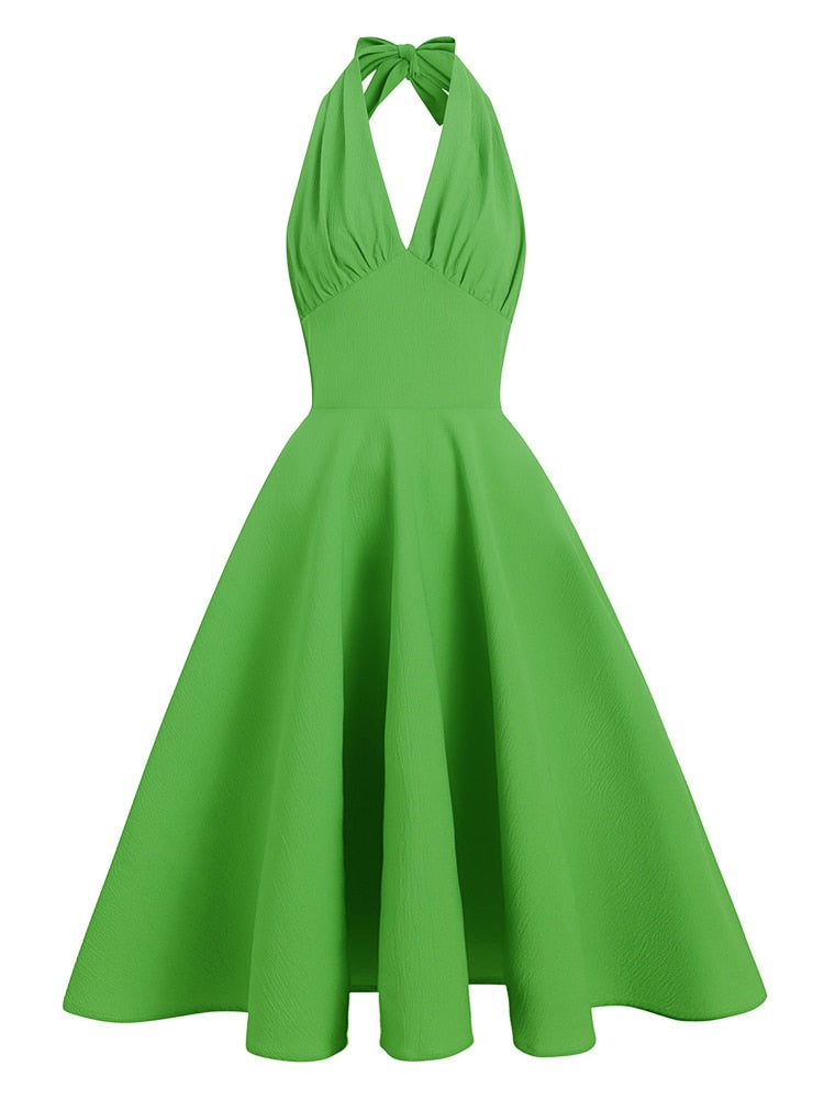 V-Neck Sexy Halter Vintage Style Summer Vacation Green Solid Elegant Party Pinup Ladies Swing Dresses