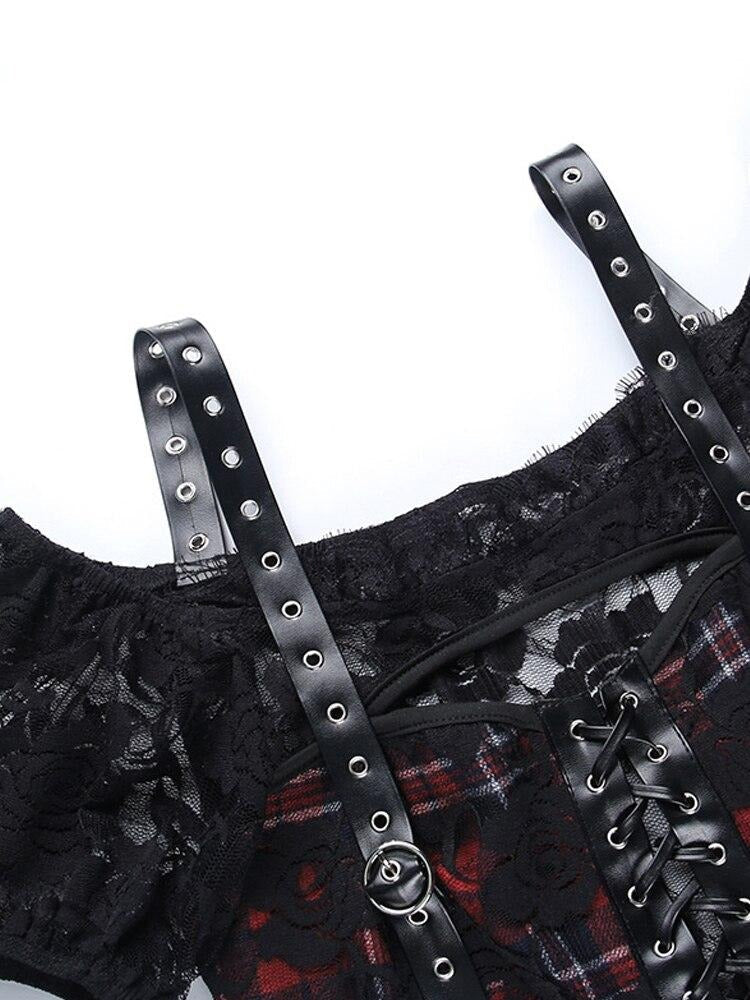 2022 Sexy Black Plaid Lace Blouse Gothic Emo Tops Patchwork Shirt Femme Blusas PU Leather Women Blouse Slash Neck Vintage Shirts