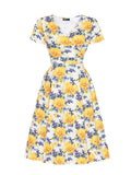 V-Neck Floral Print Vintage Long Tea Dresses for Women Short Sleeve Tie Back High Waist Summer Vacation Outfits