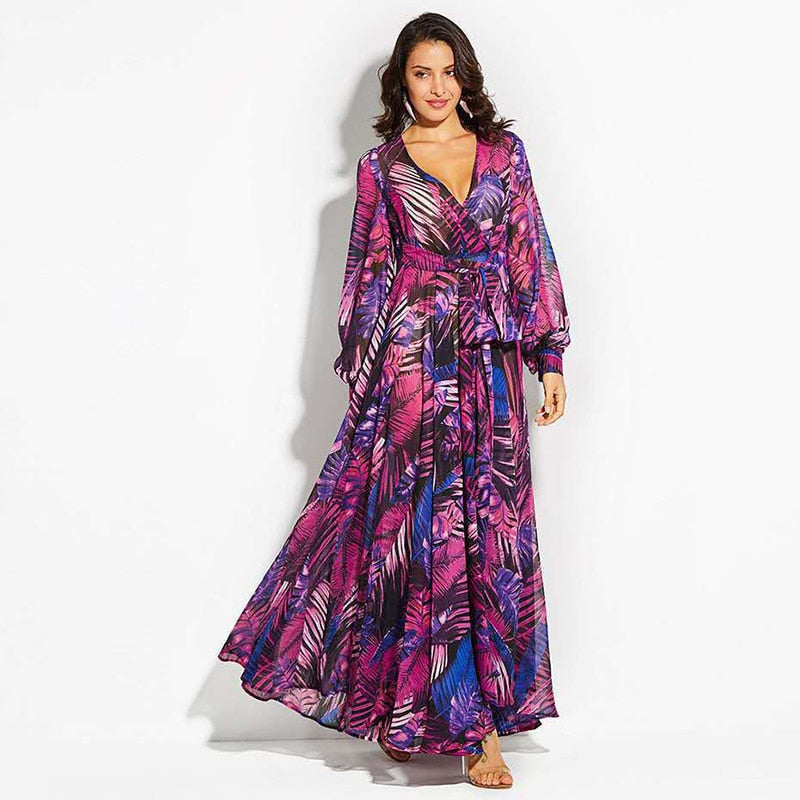 V-Neck Floral Print Ruffle Beach Long A-Line Bishop Sleeve Street Wear Casual Party Dress Robe