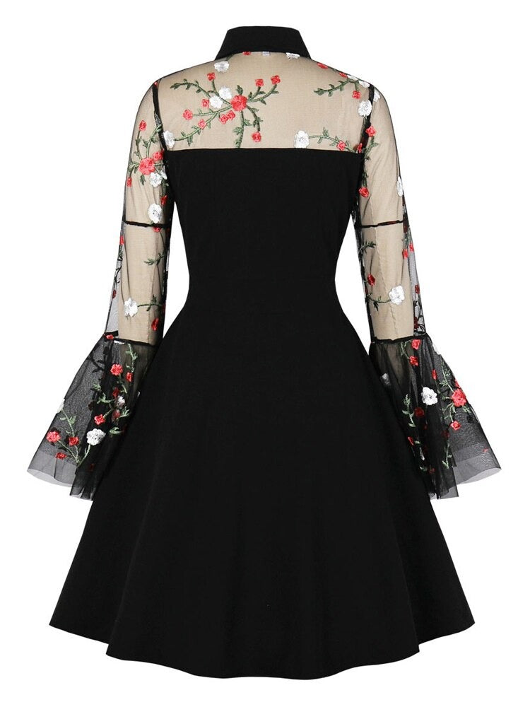 Floral Embroidered Mesh Long Sleeve Elegant Party Vintage Women Turn-Down Collar Keyhole Black A-Line Mini Dresses