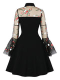 Floral Embroidered Mesh Long Sleeve Elegant Party Dress Vintage Women Turn-Down Collar Keyhole Black A-Line Mini Dresses