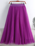 Elegant Tulle Pleated Skirt Summer Women Elastic High Waist Solid Casual Mesh Midi Skirt