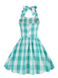 Pink Gingham Halter High Waist Kids Vintage Dresses Summer Backless Party Pleated Princess Dress for Baby Girls