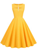 Yellow Solid Button Front Hollow Out Evening Elegant Party Women Sleeveless Pinup Vintage Pocket Dress
