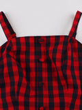 Red Plaid 100% Cotton Summer Rockabilly Vintage Dress Spaghetti Strap Button Front Shirred Back Party Dresses Women