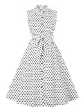 High Waist Belted 50s Robe Pinup Vintage Midi Turn-Down Collar Button Elegant Women Pocket Side Polka Dot Dress