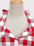 Gingham 50s Style Red Plaid Rockabilly Vintage Dresses for Women Button Front Halter Party Elegant Backless Dress