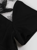 Mandarin Collar Butterfly Mesh Shoulder Black Pencil Dress Bodycon Elegant Women Party Vintage Dresses