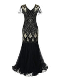 Beaded and Sequin 1920s Vintage Long Dresses for Women V-Neck Mesh Sleeve Evening Party Cocktail Elegant Flapper Dress