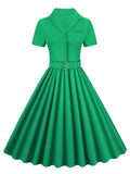 Pink Solid Cotton Long Robe Button Up Plain Vintage Elegant Women Short Sleeve Belted Pleated Midi Swing Dresses