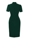 Hollow Out Front Green Vintage Pencil Dress Short Sleeve Bodycon Office Knee Length Women Party Elegant Dresses