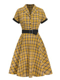 Yellow Plaid Women Vintage Style Rockabilly Dress Button Up High Waist Belted A Line Elegant Ladies Midi Dresses