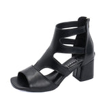 Sexy Peep Toe Square Heels Sandals Women Black PU Leather Hollow Out Gladiator Sandalias Mujer Summer Beach Shoes