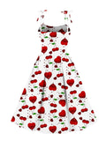 New In Women Cherry Print Summer Dress Knot Strap Birthday Party High Waist Vintage Pleated Flare Dresses