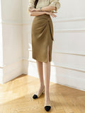 High Waist Pleated Split Office Lady Summer Korean Style Sexy Women Solid Color Knee-length Pencil Skirt