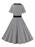 Contrast Collar Gingham Vintage Dresses for Women Button Front Short Sleeve 50s Rockabilly A Line Plaid Elegant Dress