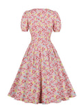 Square Neck Puff Sleeve Floral Pink Vintage Style Pleated High Waist Midi Dress