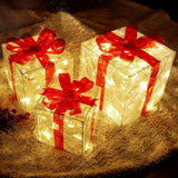 Set of 3 Christmas 60 LED Lighted Gift Boxes Transparent Warm White Lighted Christmas Box Decrations