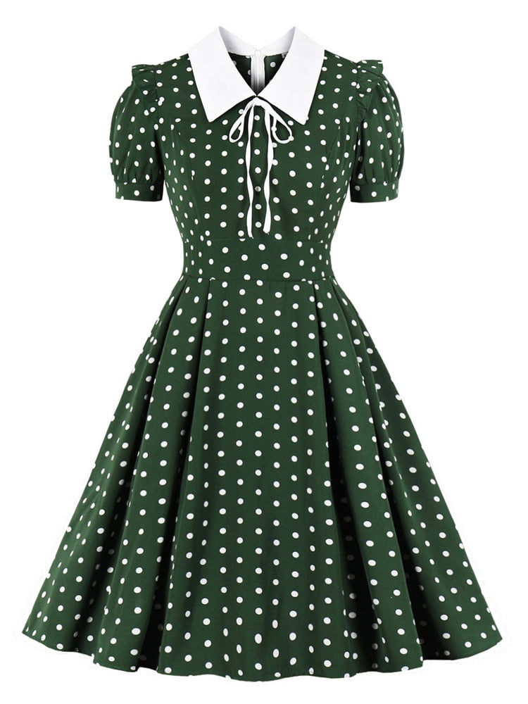 Turn-Down Collar Bow Front Polka Dot Vintage Robe Women Green 50s Pin Up Dress Short Sleeve Elegant Summer Pleated Dress