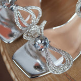 Silver Thin High Heels Crystal Rhinestone Square Toe Gladiator Sandals Woman Ankle Strap Party Shoes