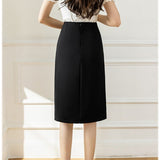 High Waist Pleated Split Office Lady Summer Korean Style Sexy Women Solid Color Knee-length Pencil Skirt