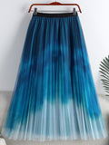 Long Women Tie Dye Print Gradient Color Mesh Pleated Skirt Elastic High Waist Tulle Midi Skirt