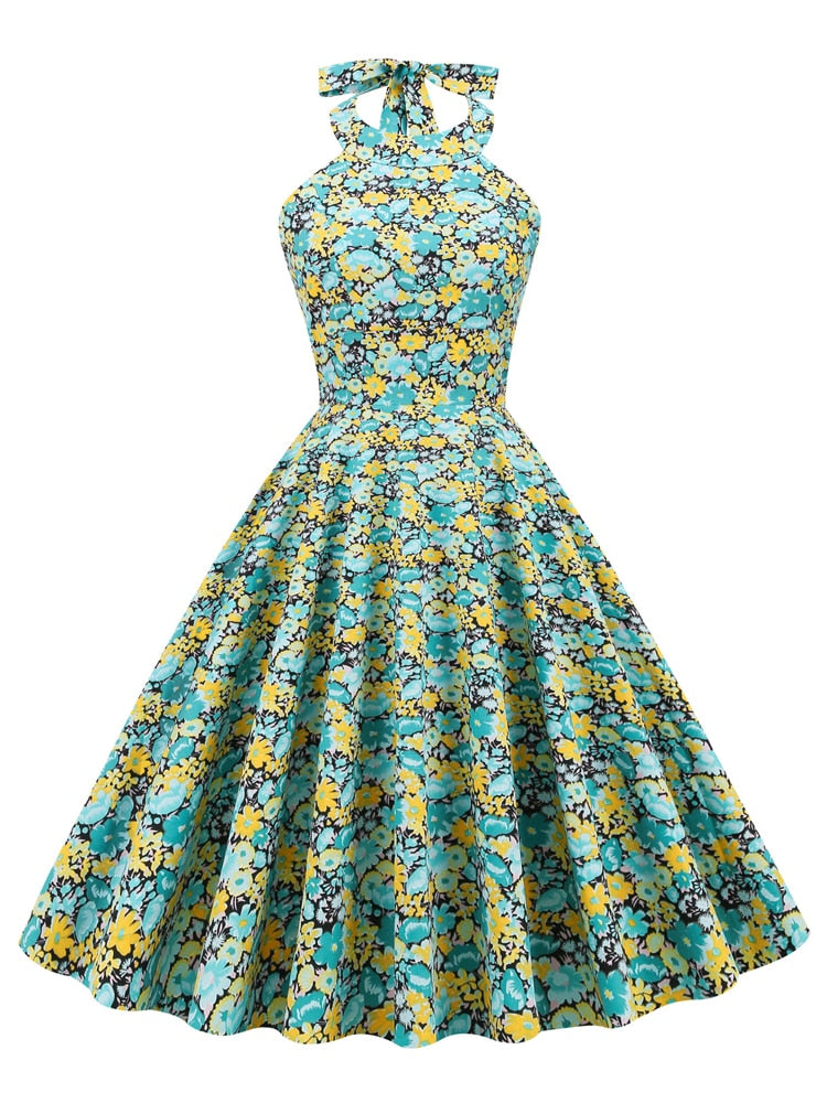 Multicolor Floral Elegant Vacation Outfits Halter Neck Vintage 50s Fit and Flare Backless Party Sexy Dress