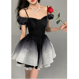 Black Elegant Party Mini Women Princess Bow France Vintage Backless Puff Sleeve Summer Dress