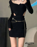 Summer Backless Wrap Sexy Mini Hollow Out Hang Neck Chic Elastic Skinny Fit Party Dresses