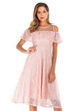 Mesh O-Neck Ruffle Trim Cold Shoulder Elegant Robe Lace Long Dress Women Summer Elegant Party Vintage Swing Dresses